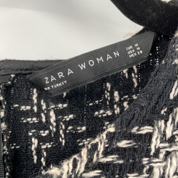 Zara Black White Houndstooth Tweed 3/4 Sleeve Blouse Top Medium - Picture 3 of 9